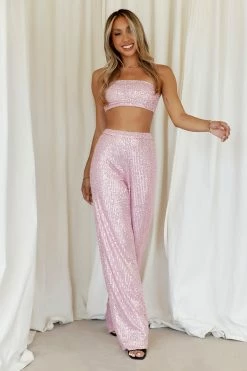 HELLO MOLLY Shimmer Life Crop Light Pink Sequin Sets & Co-ords